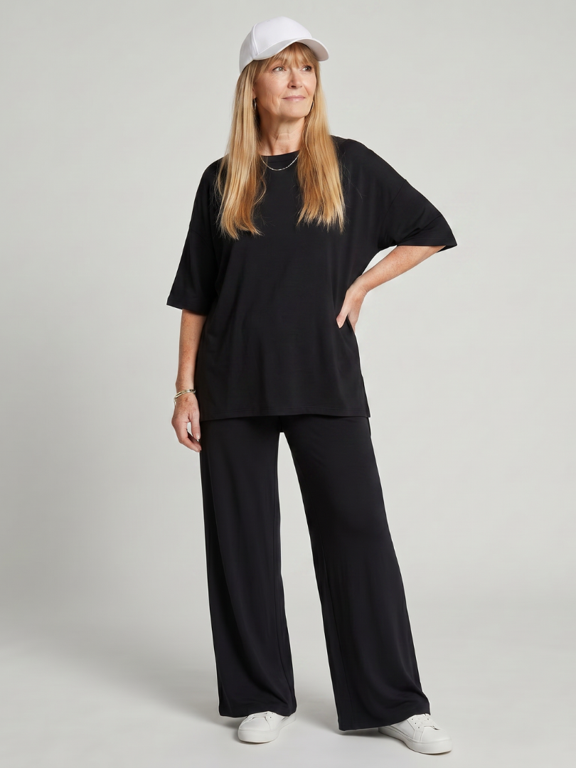 Ramse | Īsām piedurknēm oversized tops un platu staru bikšu komplekts