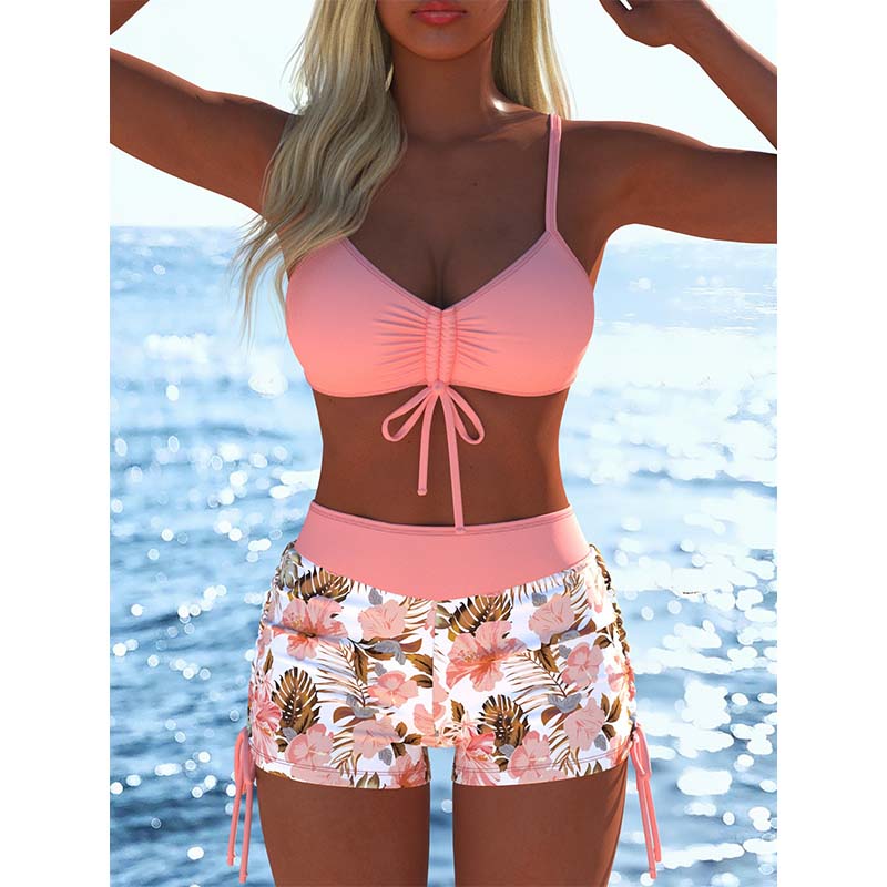 Bikini komplekts ar sasienamu lenti un bokseršortiem – divdaļīgs peldkostīms pludmalei un baseinam